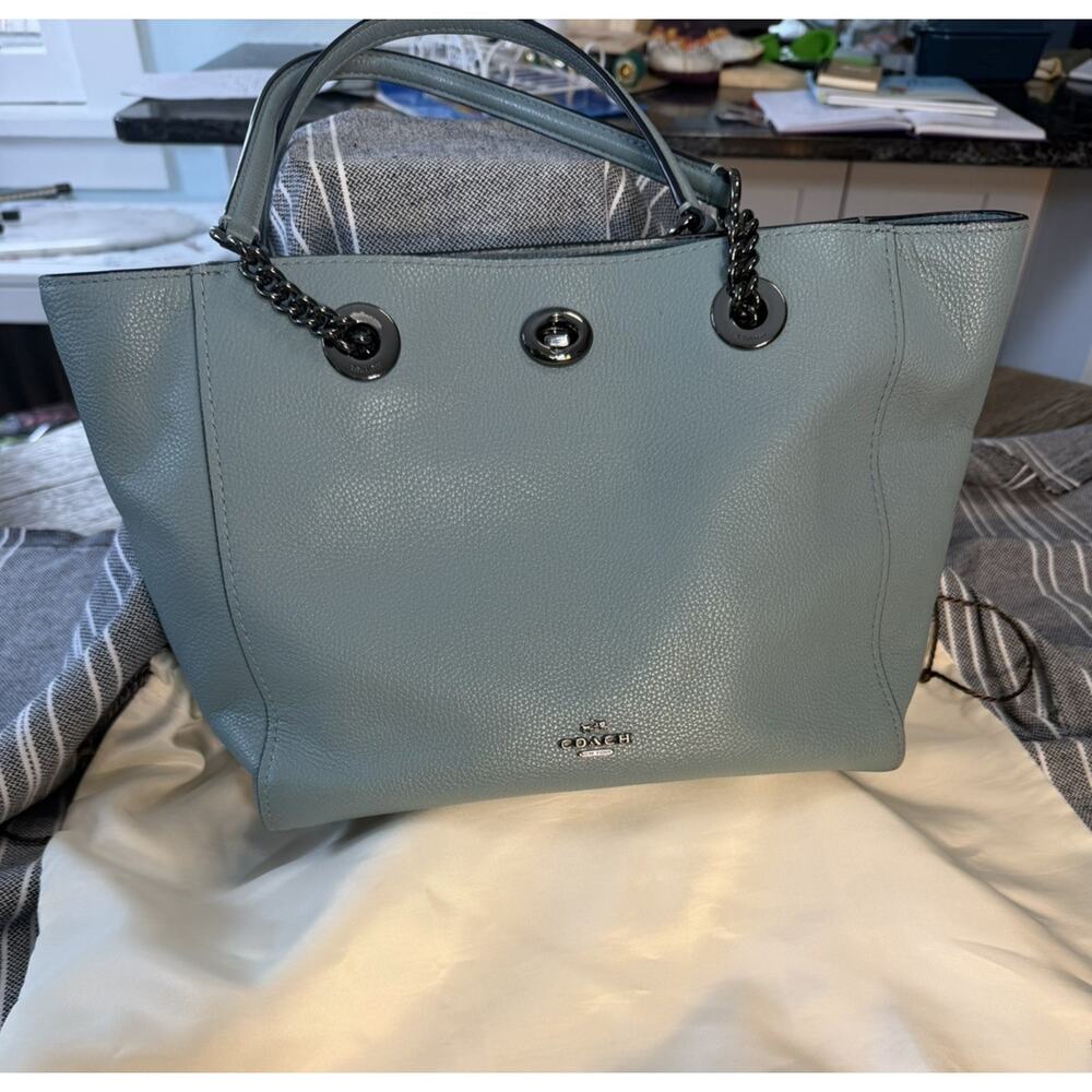 Coach Light Blue Pebbled Shoulder Bag with Chain, Logo, Turn Lock & Tag Accent - Picture 11 of 13